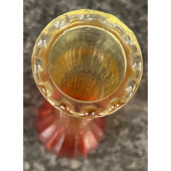 Vtg Jeanette Glass Amberina 8 3/4” Bud Vases Ribbed Yellow to Red Scalloped Edge - Picture 3 of 3